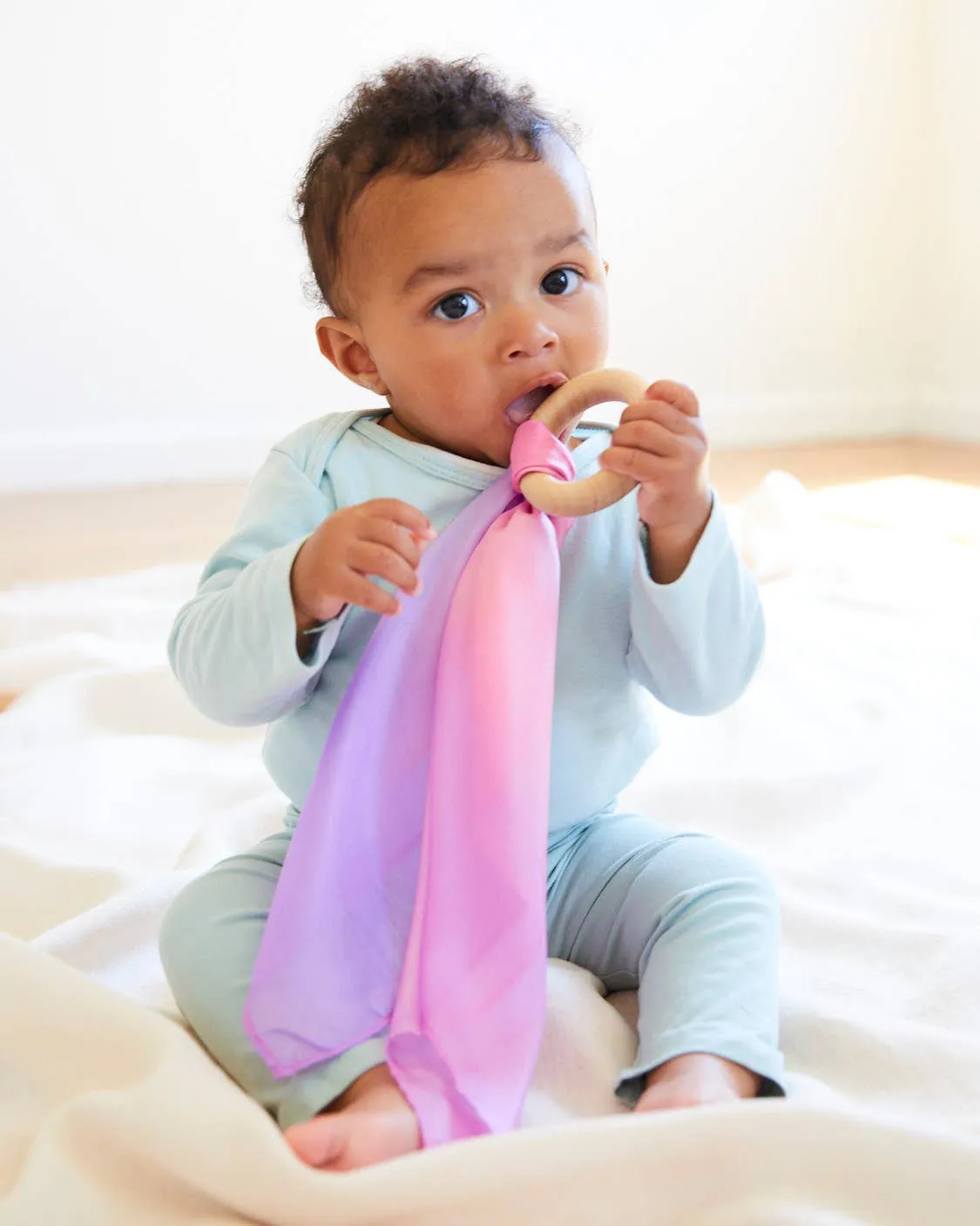 Natural Baby Teether - 100% Mulberry Silk and Maple Ring