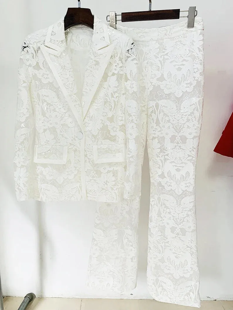 Women Luxury Sequinned Mesh Lace Bohemian Style  Flare Trousers Pants Suit